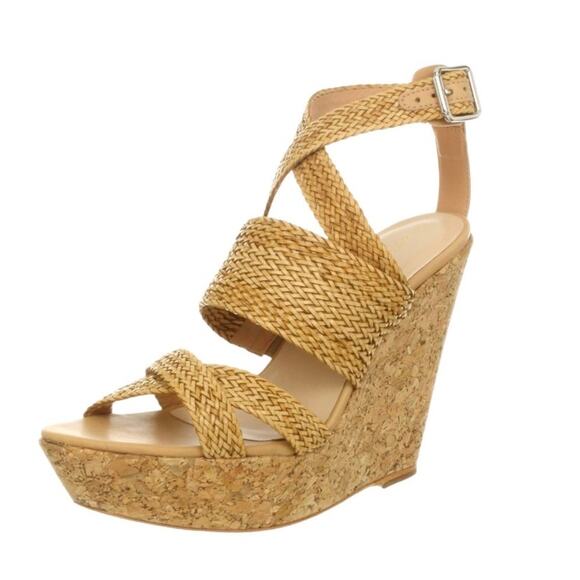 Loeffler Randall Strappy Cork Wedge Sandals Sz
7.5B Tan Leather Ankle Strap - Picture 1 of 11